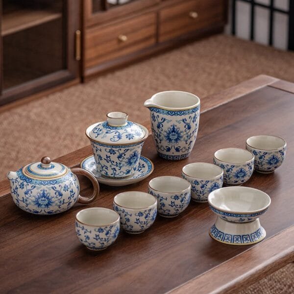 Ru kiln blue and white twined branches Kung Fu tea set